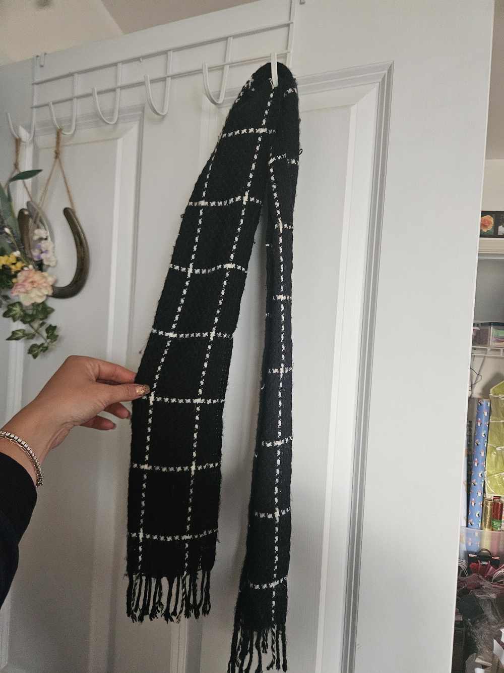 Black Windowpane Knit Scarf with Fringe